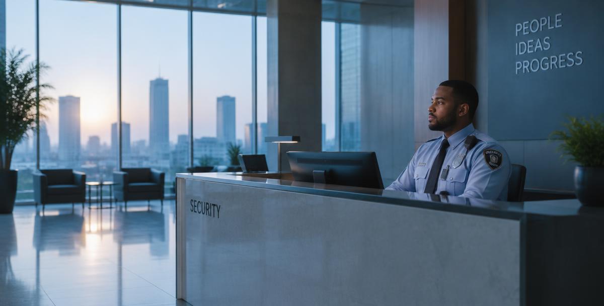 Security guard at a modern office lobby desk at dawn
